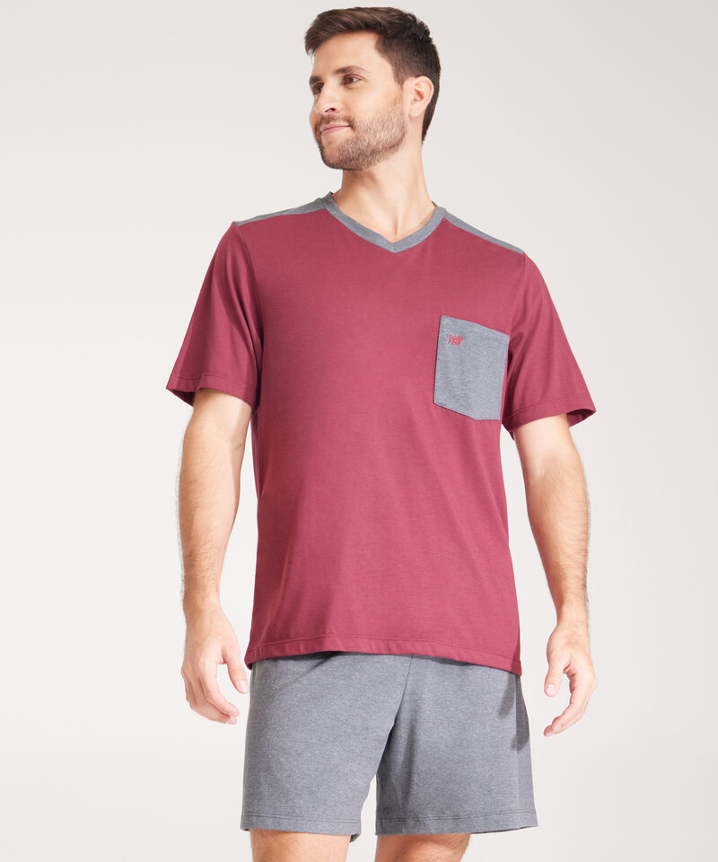 Pijama Set Camiseta Unicolor Con Cortes En Hombre Contraste Bolsillo Y Bermuda Unicolor