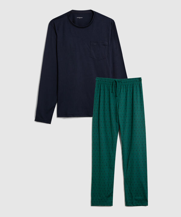 Pijama Set Camiseta Manga Larga Unicolor Y Pantalon Estampado