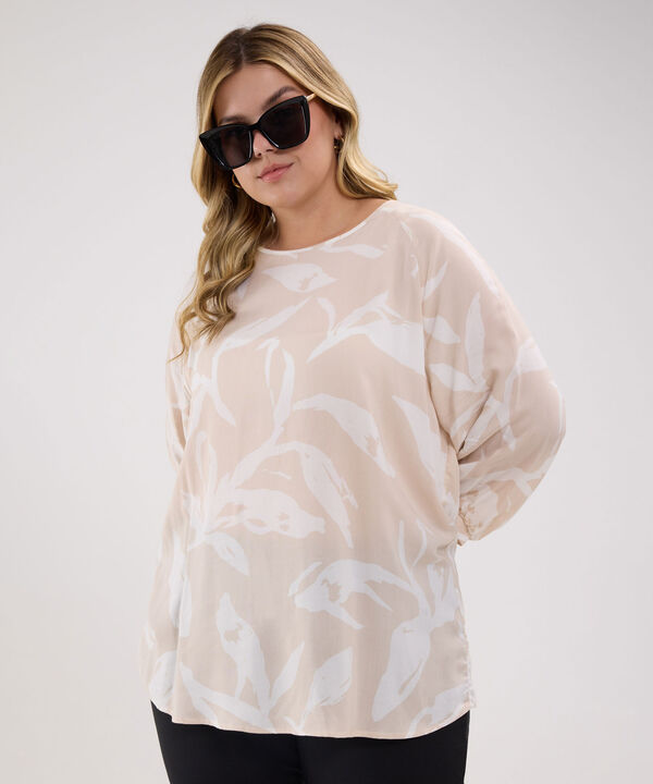 Blusa Estampada, Escote Redondo, Manga 3/4 Con Recogido En Puños