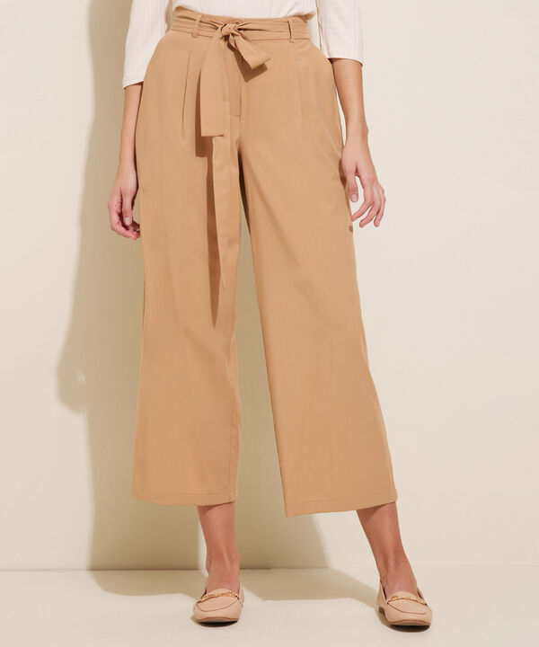 Pantalón Moda Unicolor Bota Ancha, Cintura Alta Con Prenses, Anudado En Cintura Y Bolsillos Laterales