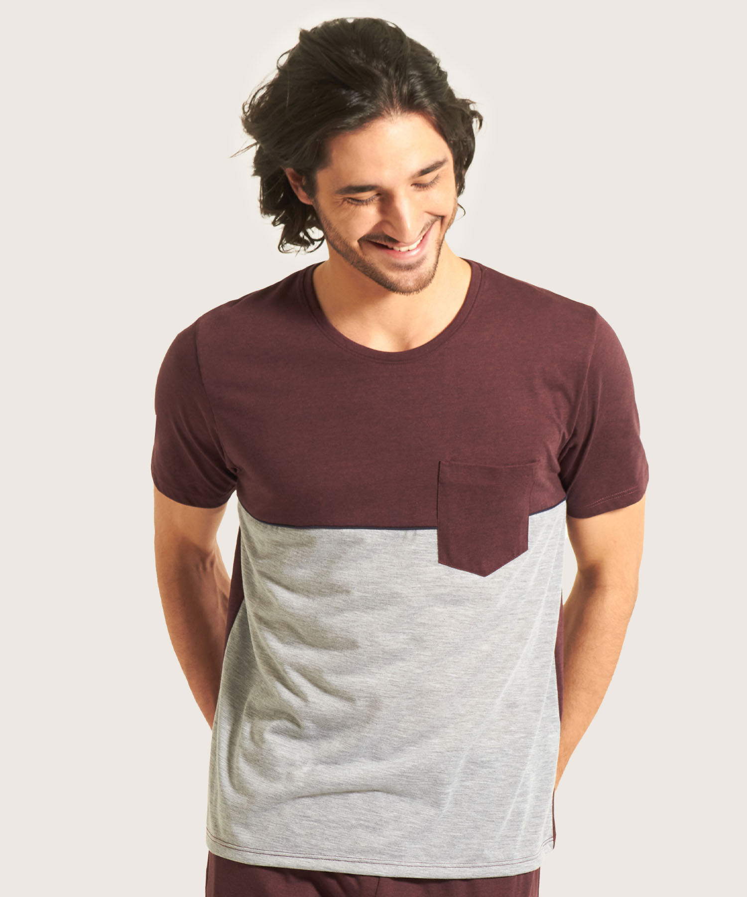 Pijama Conjunto Camiseta De Bloques Con Bolsillo Y Pantalón Unicolor