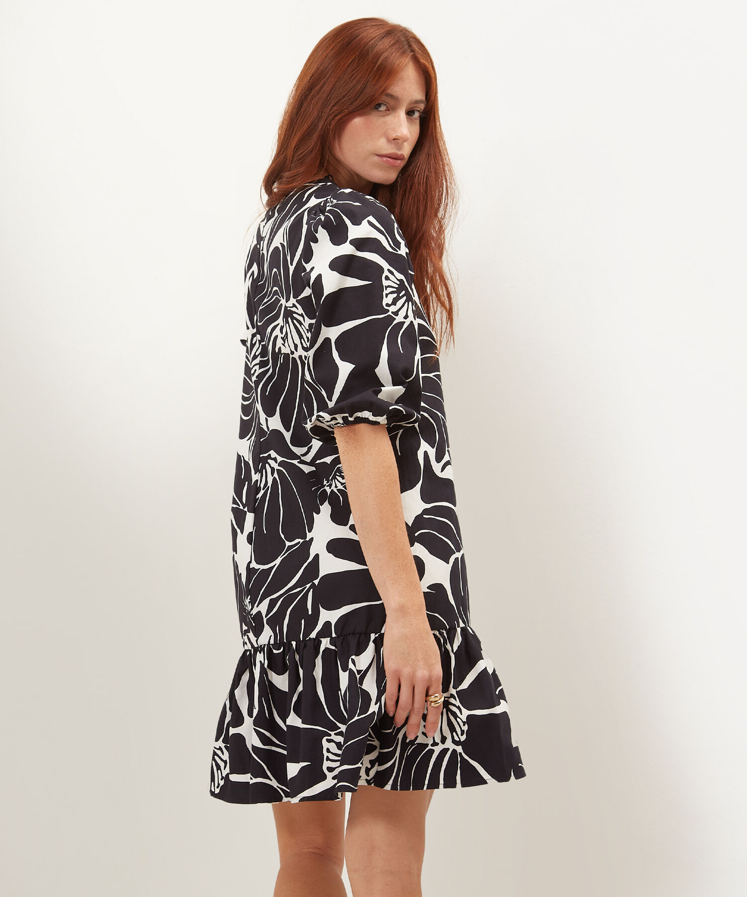Vestido Estampado, Manga 3/4, Puños Con Elástico, Escote Redondo Y Boleros, Serena