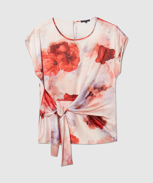 Blusa Estampada Manga Corta Con Anudado En Frente