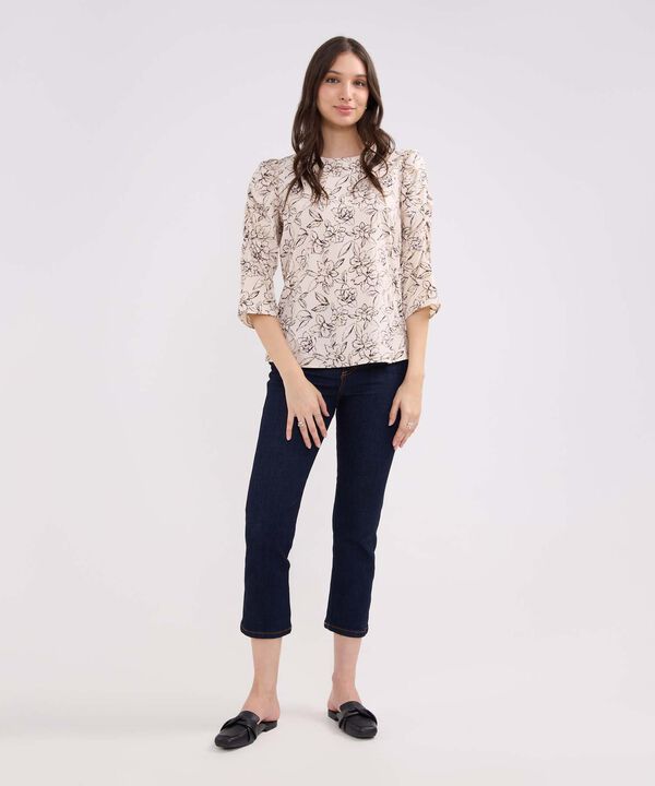 Blusa Estampada Escote Redondo, Manga 3/4 Con Recogido