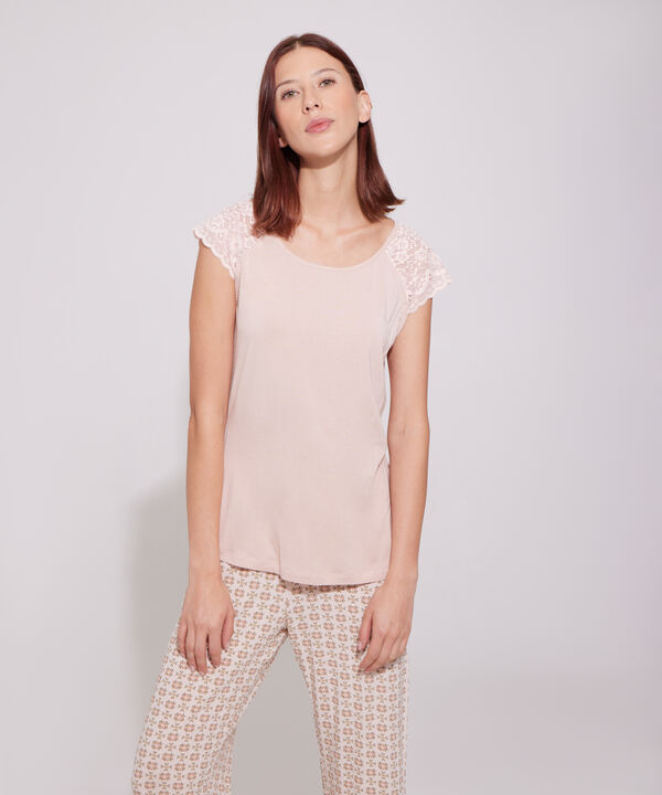 Pijama Set Camiseta Manga Corta Unicolor Con Encaje Y Pantal&oacute;n Estampado Con Encaje