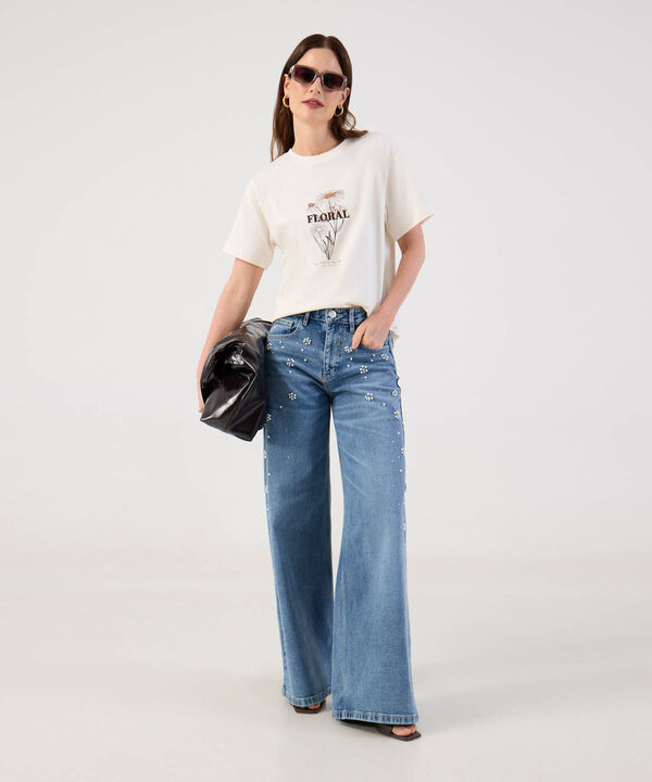 Jean Wide Leg Con Apliques De Perlas Para Mujer image number null