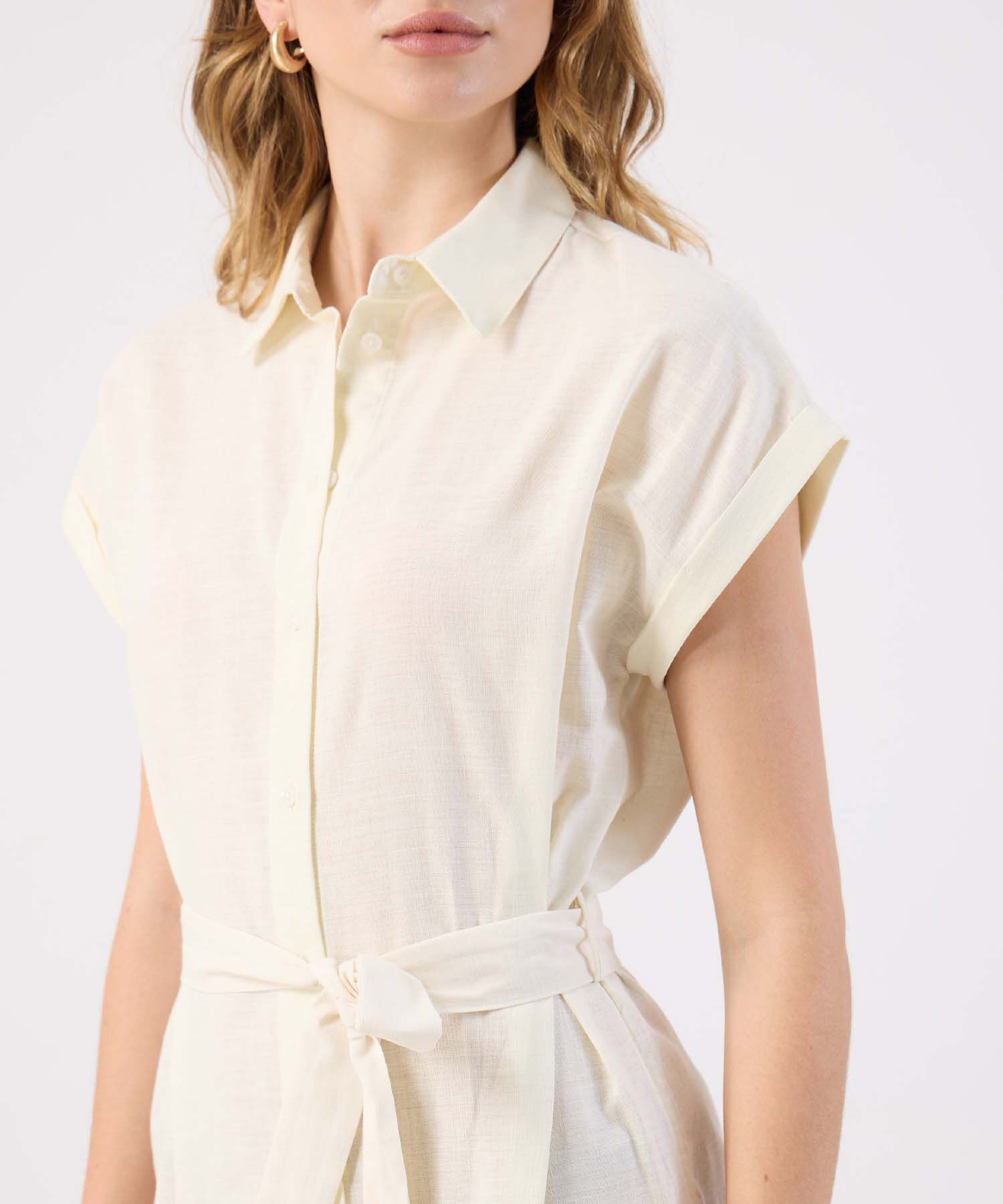 Vestido Corto Lino Mujer Camisero Con Cinturón