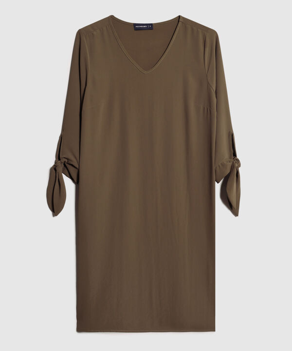 Vestido Unicolor Manga Tres Cuartos Con Anudado