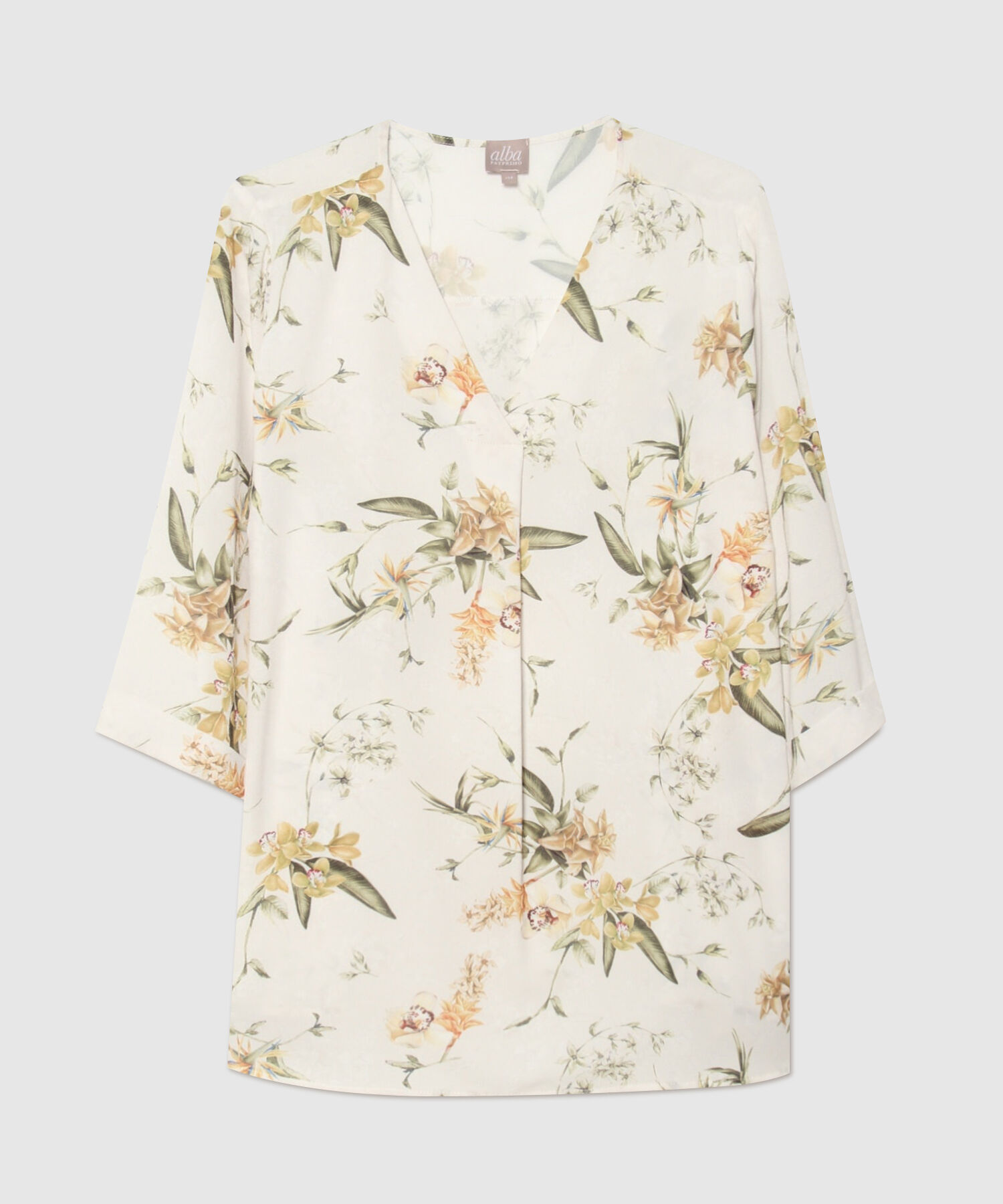 Blusa Cuello Escote En V, Con Prense En Centro Frente Y Manga 3/4 Con Guardapolvo