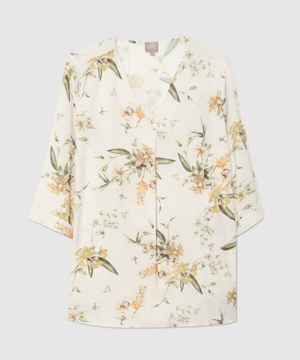 Blusa Cuello Escote En V, Con Prense En Centro Frente Y Manga 3/4 Con Guardapolvo