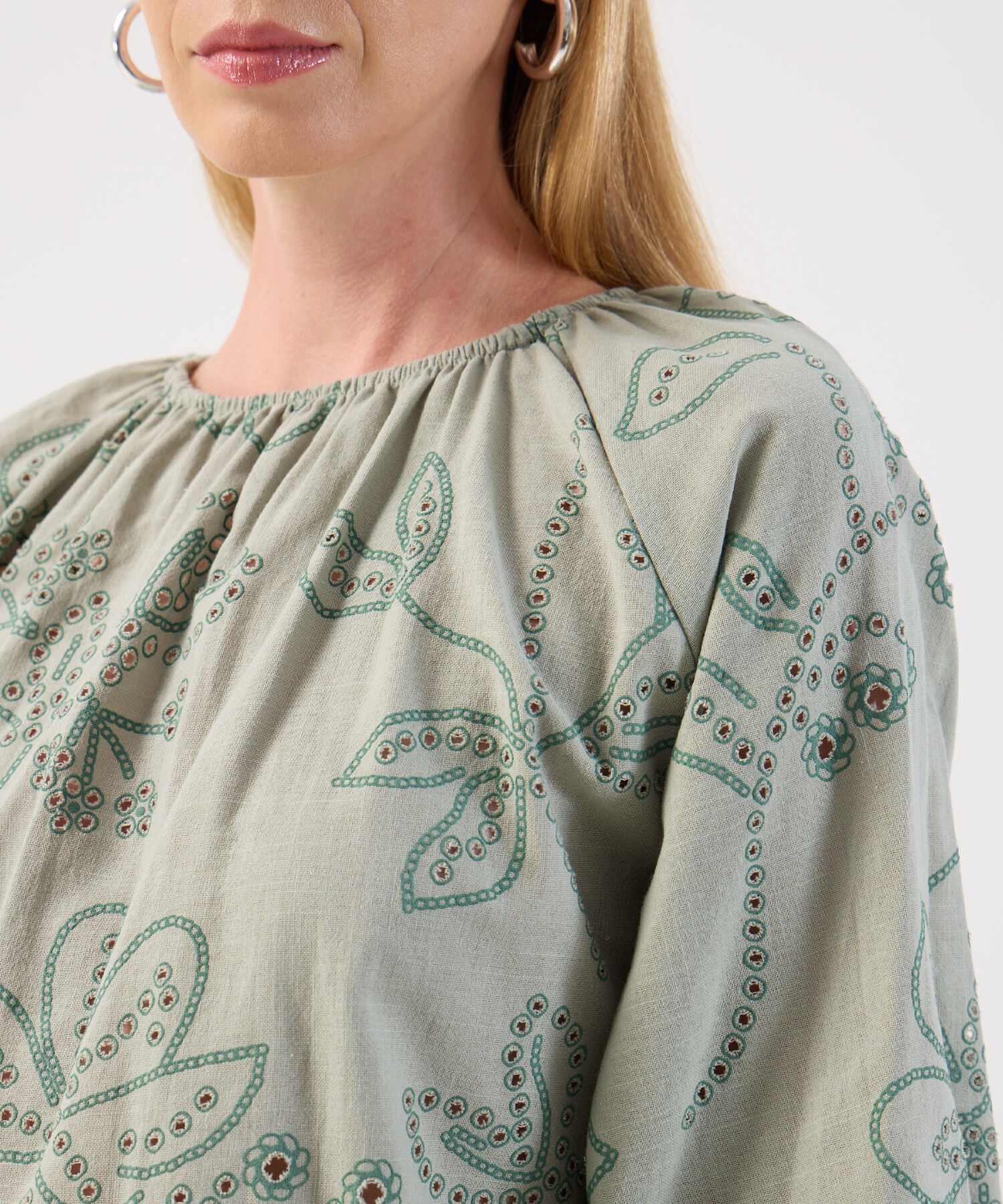 Blusa De Mujer Ojalillos Escote Fruncido Manga Globo