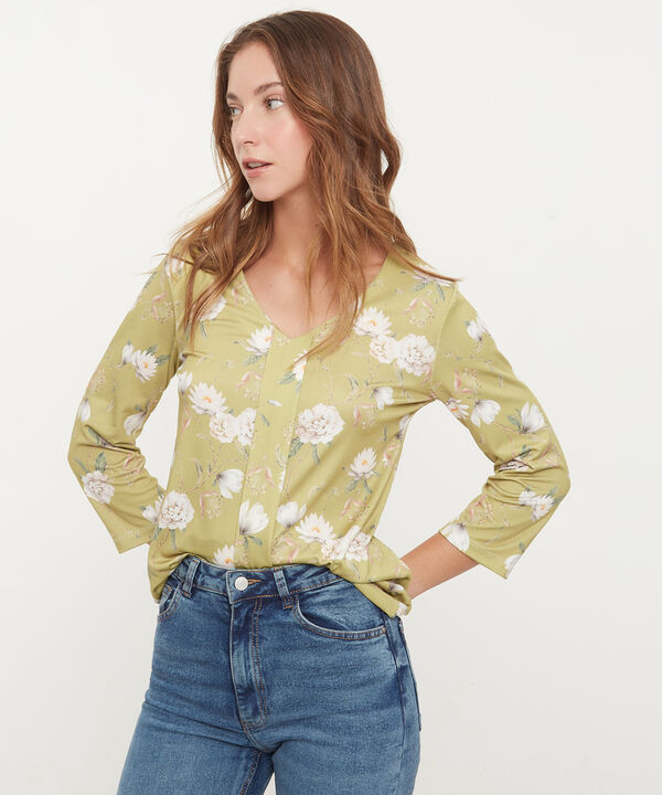 Camiseta Manga 3/4 Estampada Con Escote V Y Prense En Frente, Trópico Floral