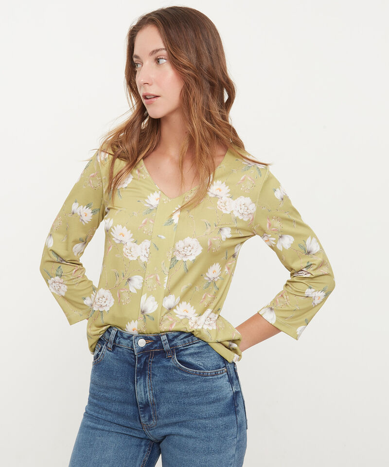 Camiseta Manga 3/4 Estampada Con Escote V Y Prense En Frente, Trópico Floral