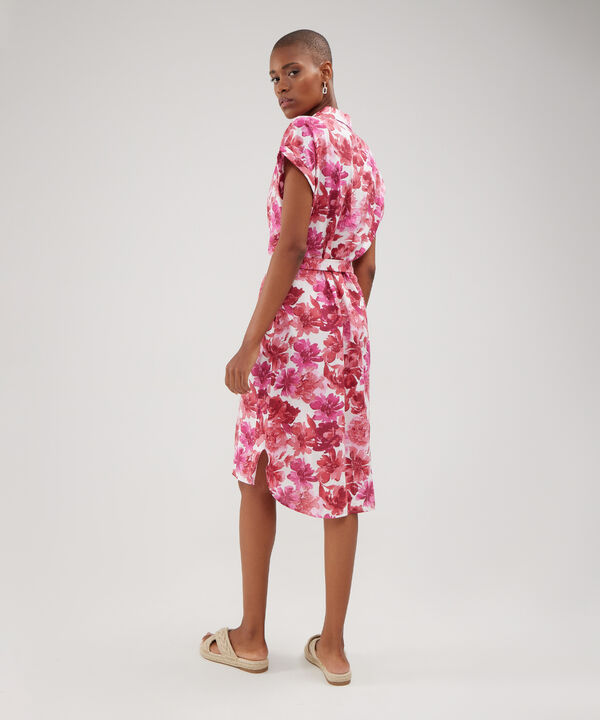 Vestido Camisero En Lino Estampado Con Cinturon