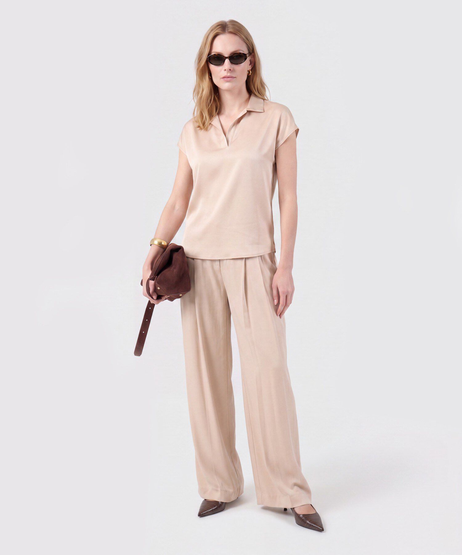 Blusa Unicolor De Manga Corta Mujer