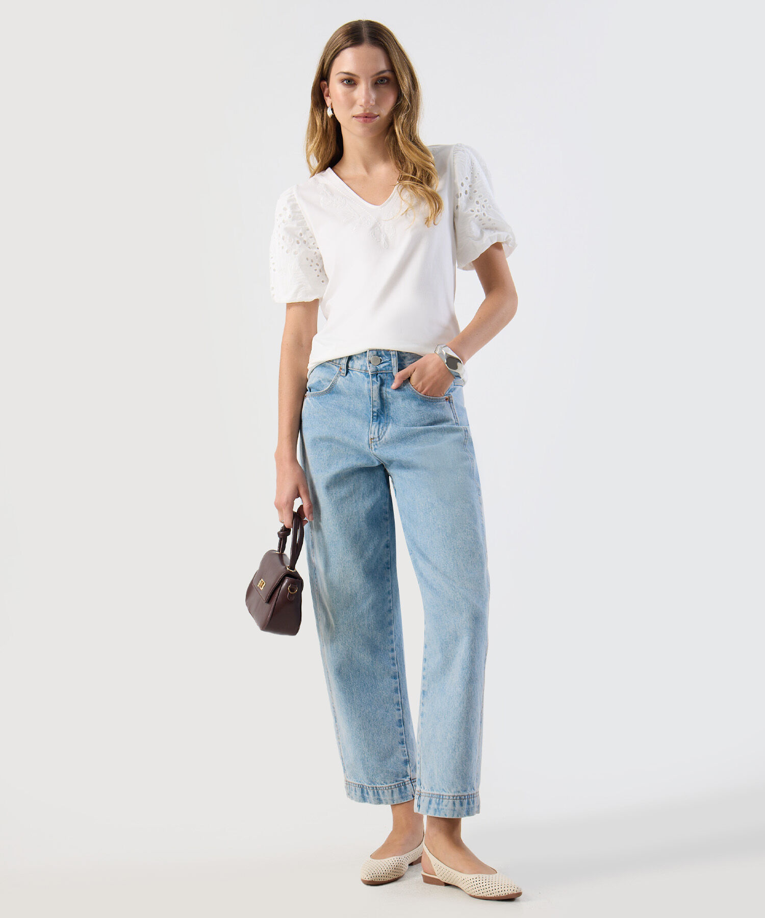 Camiseta Casual Mangas De Ojalillo Para Mujer