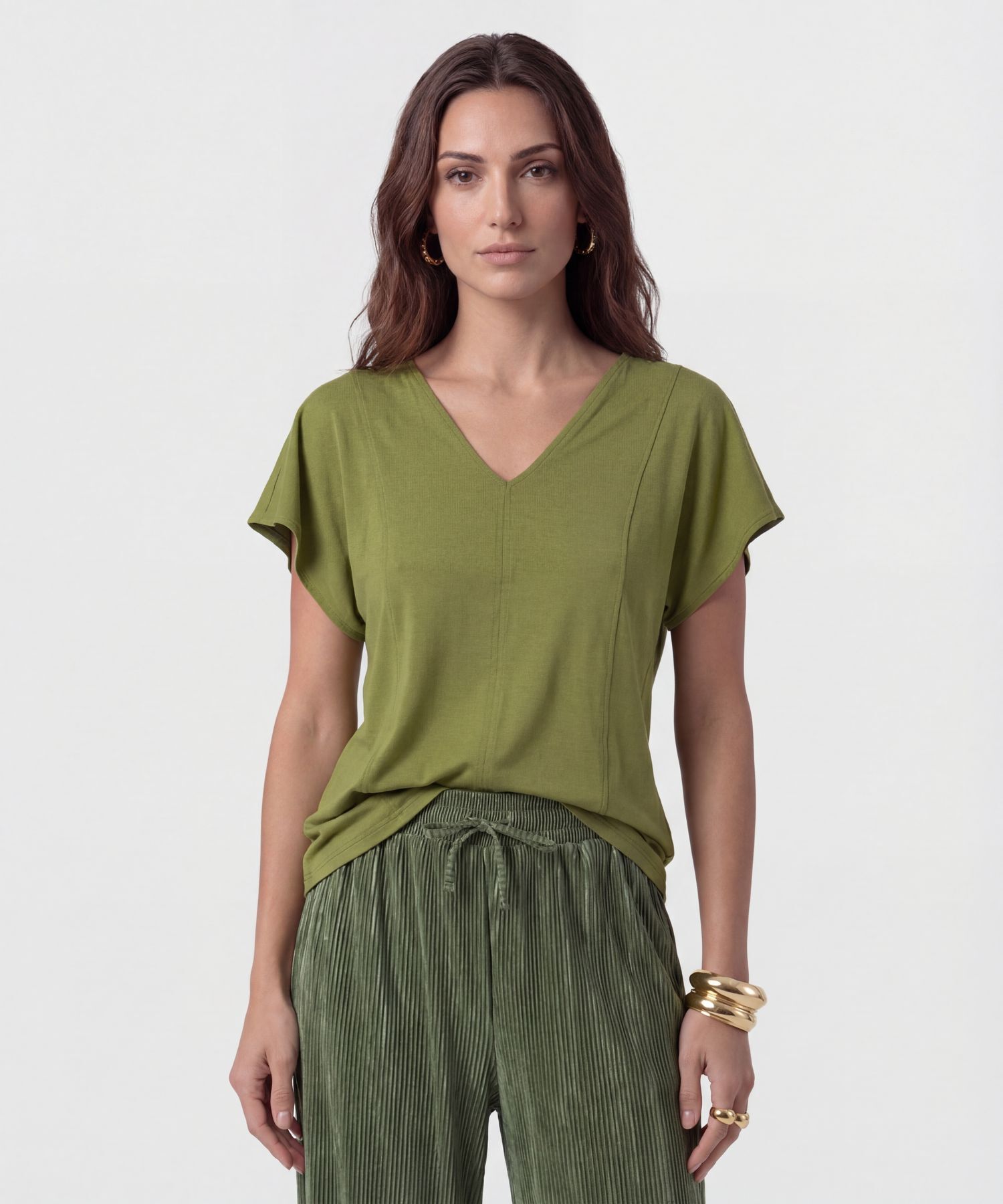 Camiseta Cuello En V Con Costuras Para Mujer