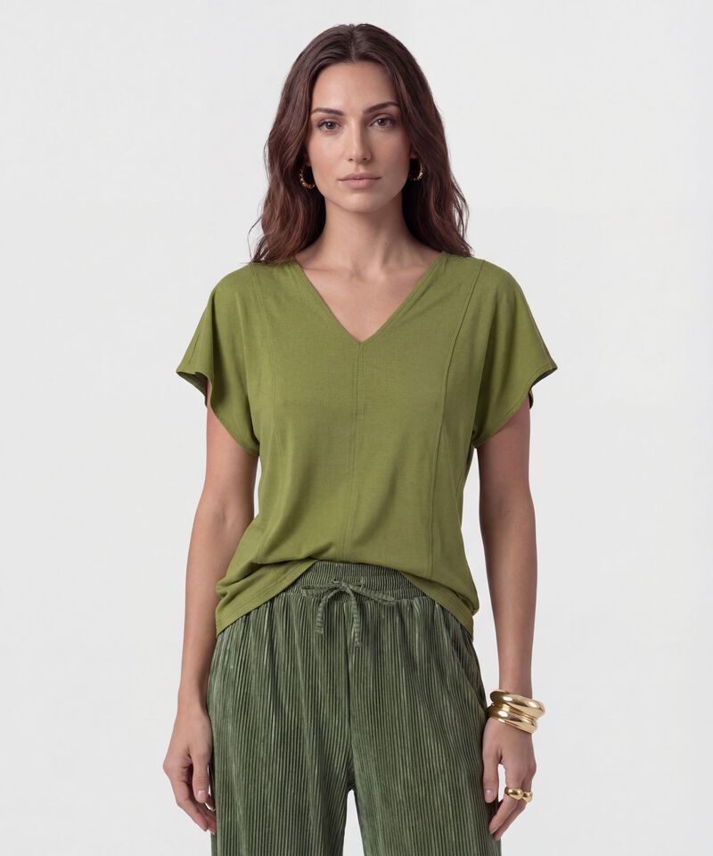 Camiseta Cuello En V Con Costuras Para Mujer