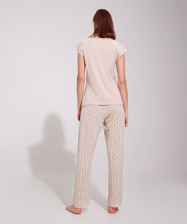 Pijama Set Camiseta Manga Corta Unicolor Con Encaje Y Pantal&oacute;n Estampado Con Encaje