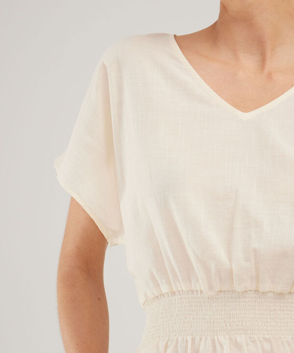 Blusa Unicolor Manga Corta, Escote V Con Encauchado En Cintura, Nautico Artesanal Línea Moda