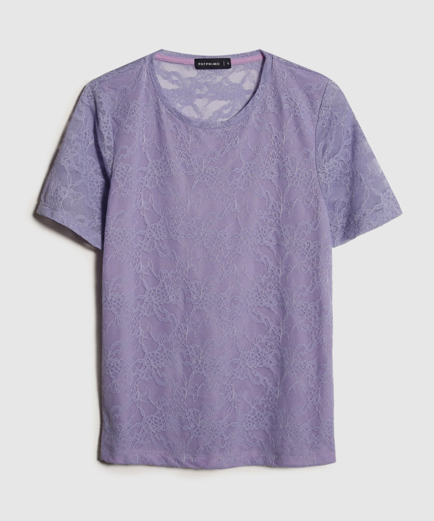 Camiseta Unicolor Manga Corta, Cuello Redondo En Encaje