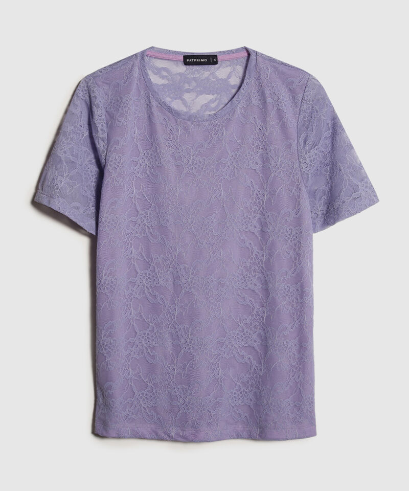 Camiseta Unicolor Manga Corta, Cuello Redondo En Encaje