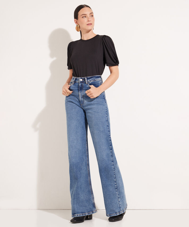 Jean Wide Leg Con Laser En Aplome Tono Azul Medio Oscuro