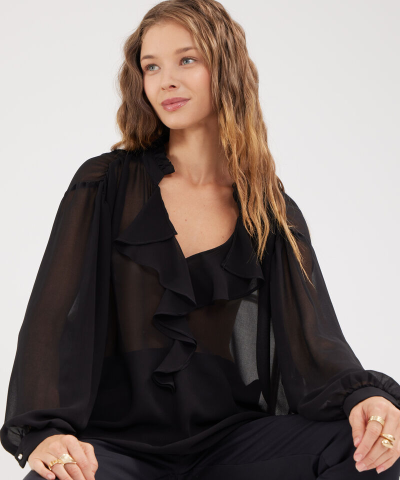 Blusa Con Volantes En Mangas Y Escote Unicolor