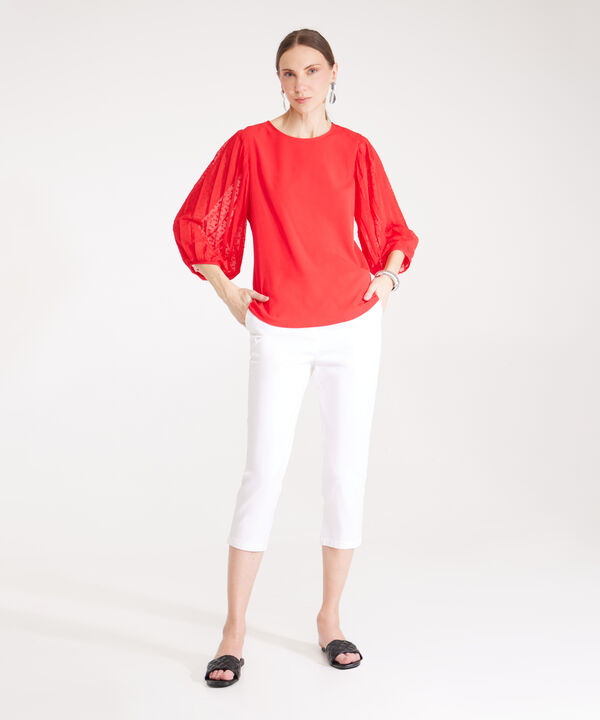Blusa Manga 3/4 Unicolor Con Plisado En Mangas
