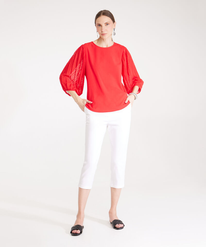 Blusa Manga 3/4 Unicolor Con Plisado En Mangas