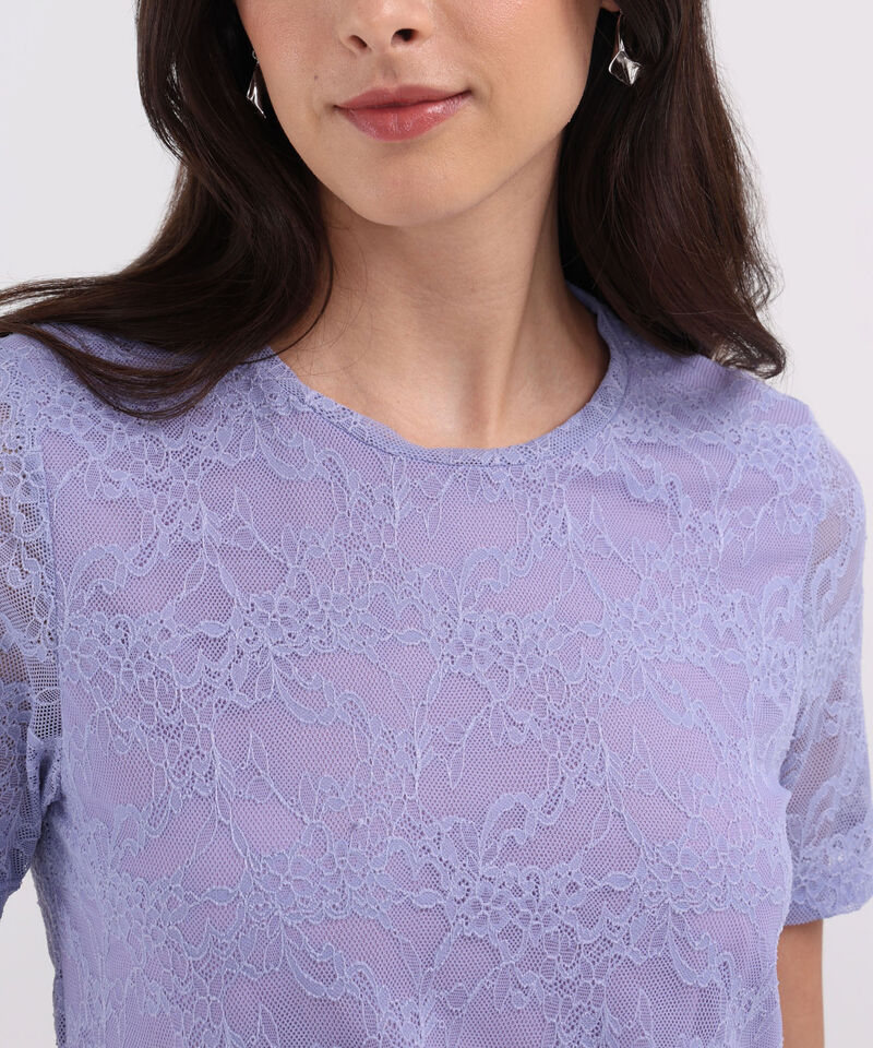 Camiseta Unicolor Manga Corta, Cuello Redondo En Encaje