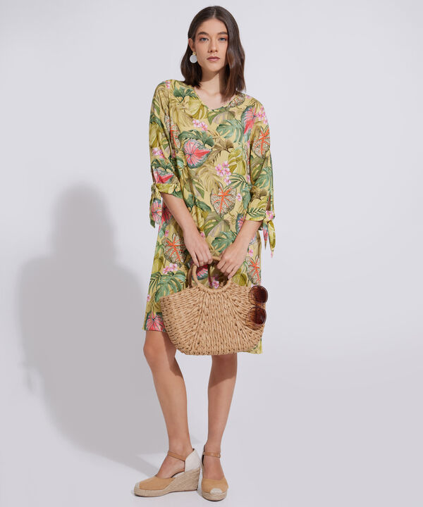 Vestido Estampado Manga 3/4 Con Anudado