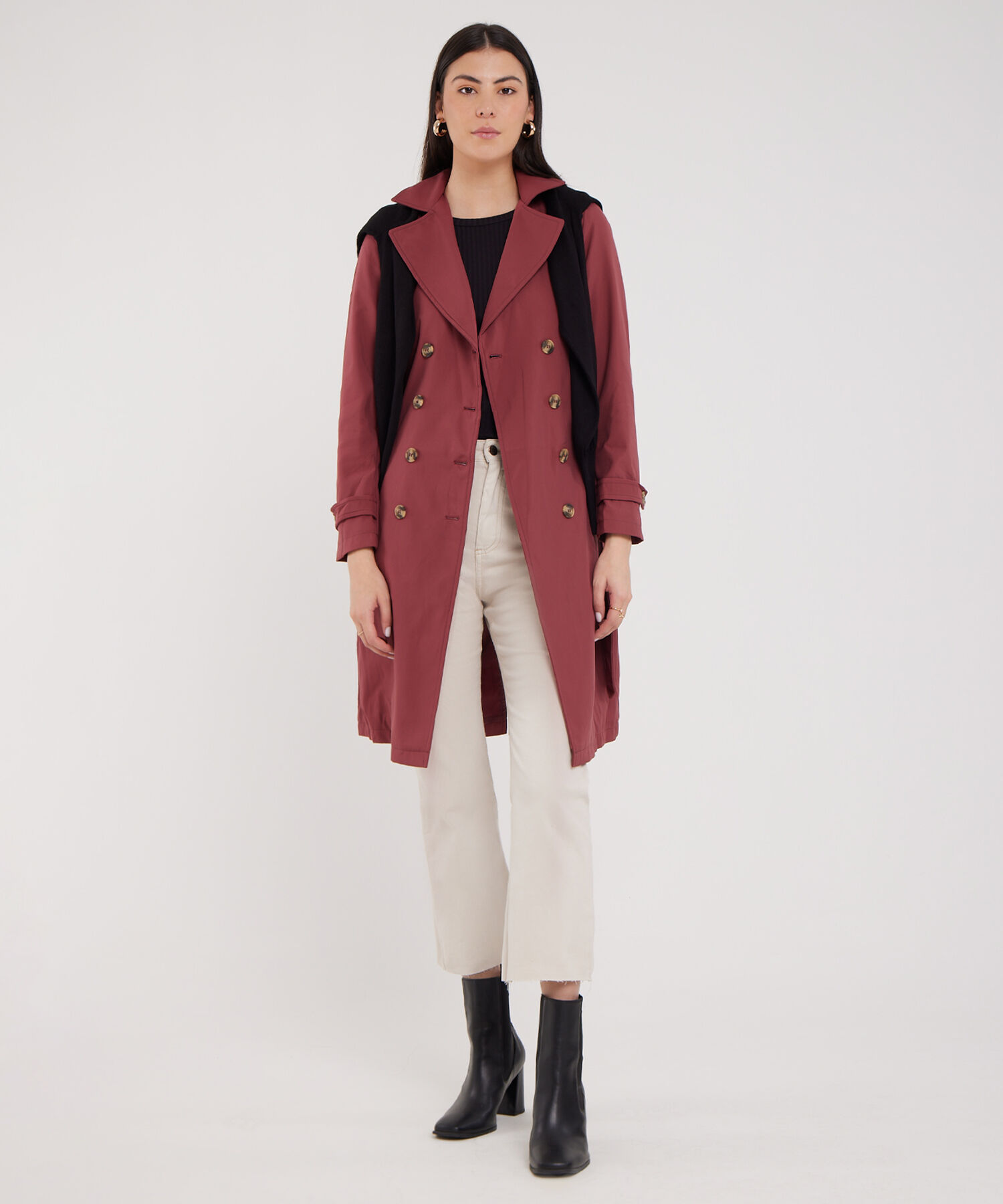 Chaqueta Trench Con Cinturon De Ajuste Manga Larga