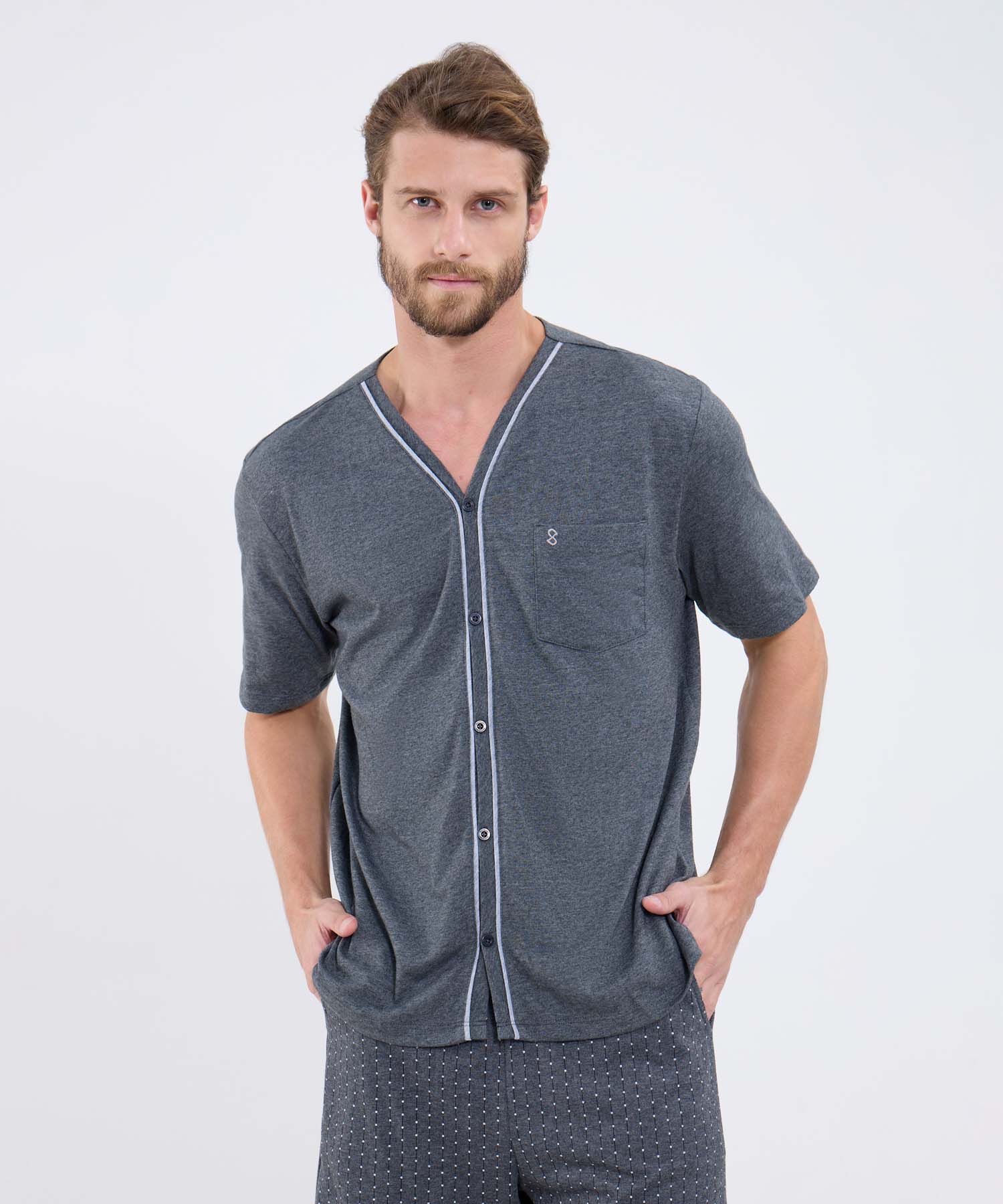 Conjunto Pijama Camisa Cuello V Y Pataloneta Estampada Para Hombre
