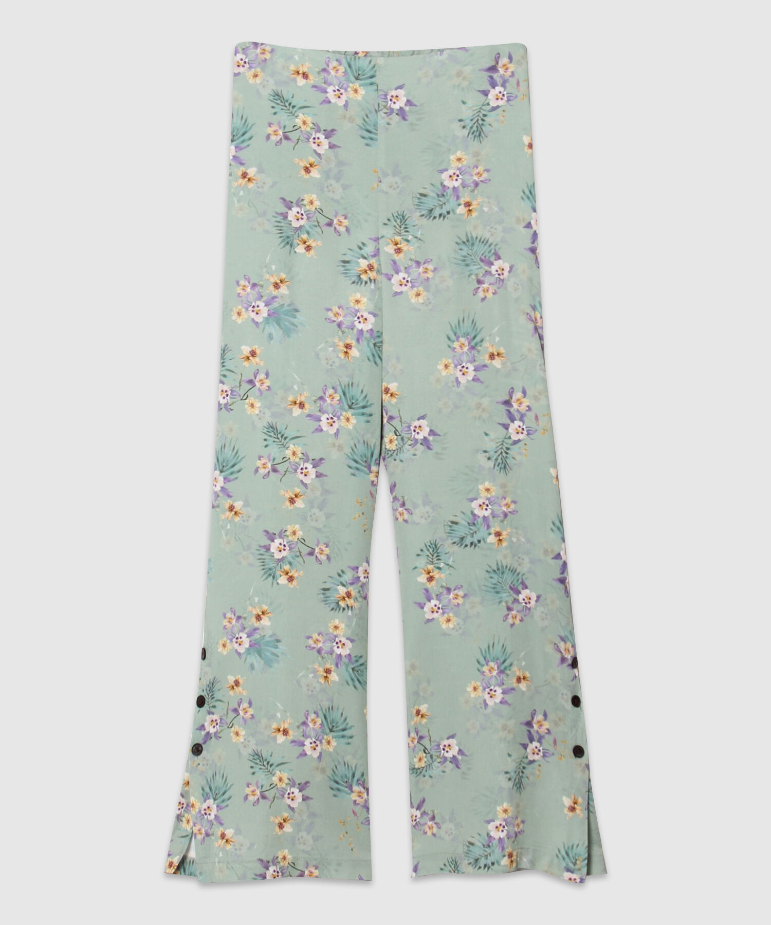 Pantalón Fluido Estampado Con Botones En Bota