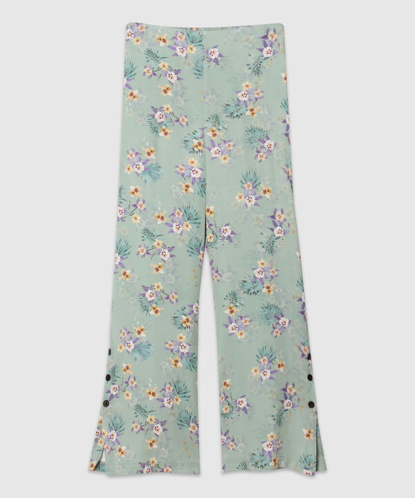 Pantalón Fluido Estampado Con Botones En Bota