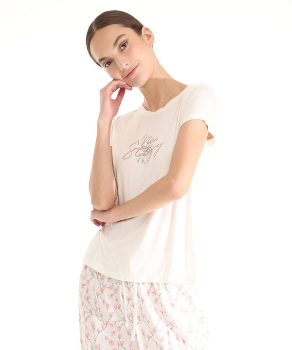 Pijama  Camiseta Manga Corta Unicolor Con Pantalón Capri Estampado