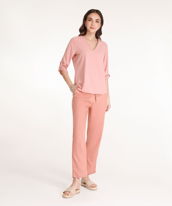 Blusa Unicolor Manga 3/4 Con Cuello En V, Charretera Para Graduar