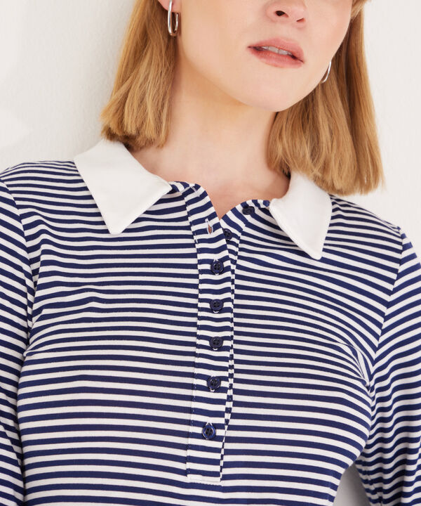 Polo Preteñida A Rayas, Manga 3/4 Con Cuello Duro Y Pechera Unicolor image number null