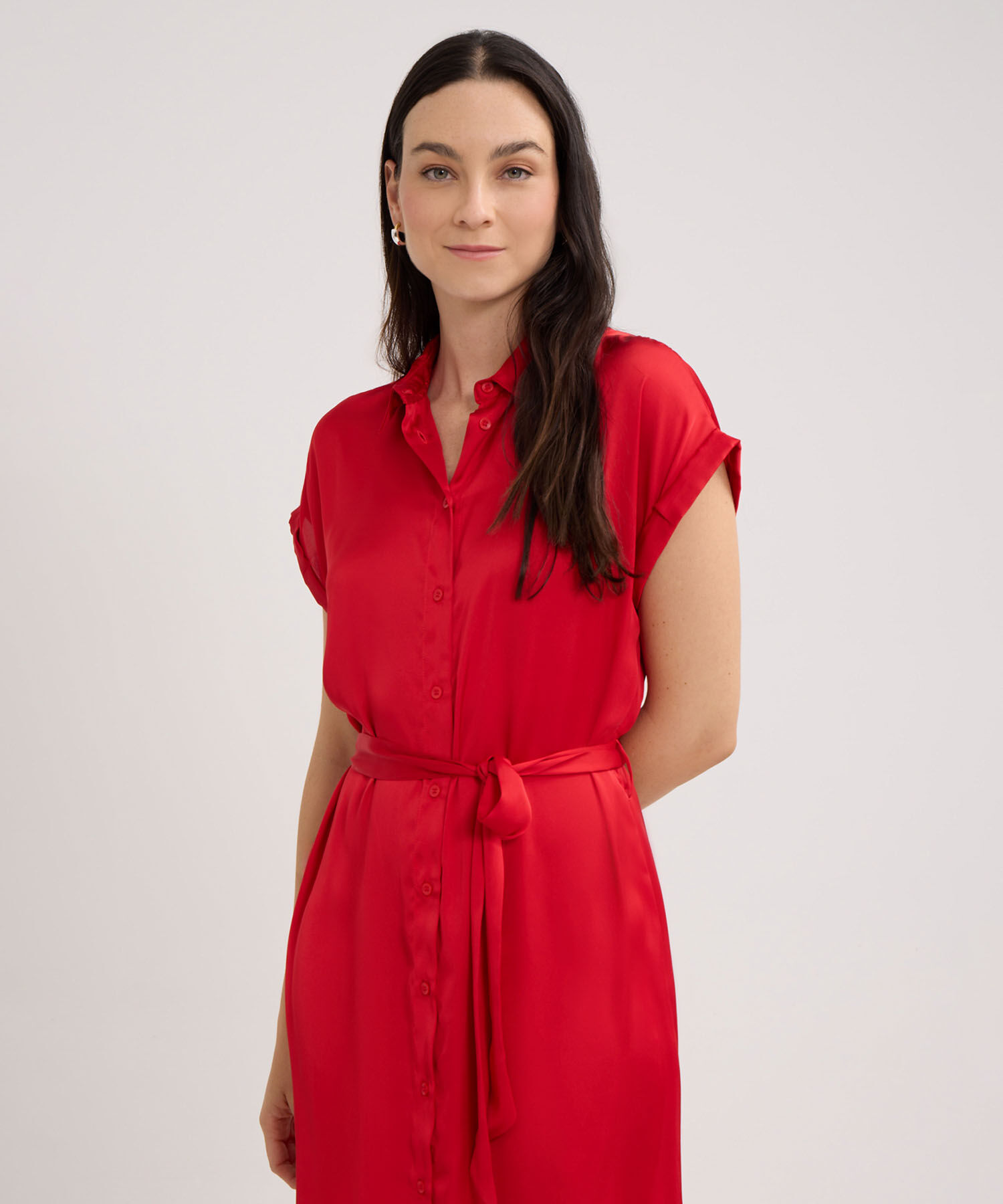Vestido Unicolor Tipo Camisero, Manga Corta Con Botonadura En Frente