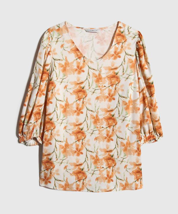 Blusa Estampada, Manga Corta Al Codo Encauchada