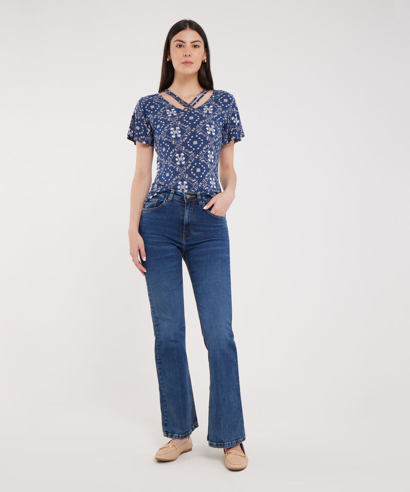 Camiseta Estampada, Manga Corta Con Vuelo, Escote V Con Tiras Cruzadas, Tel Aviv Linea Moda