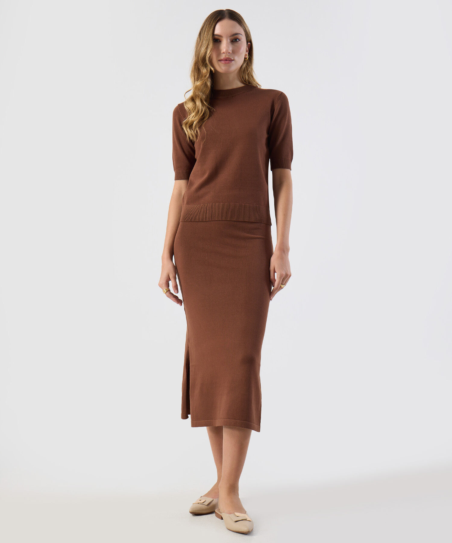 Falda Para Mujer Tejido Punto Midi Abertura Lateral