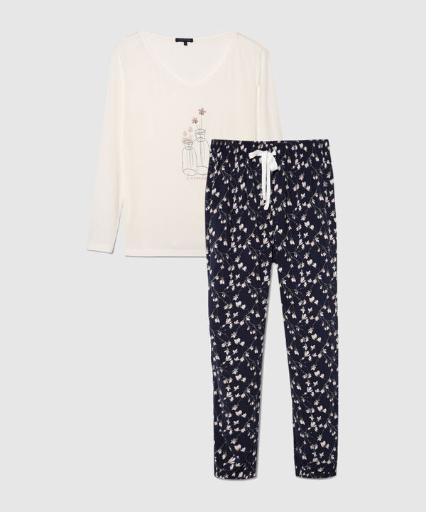 Pijama Camiseta Larga Unicolor Y Pantalón Largo Estampado