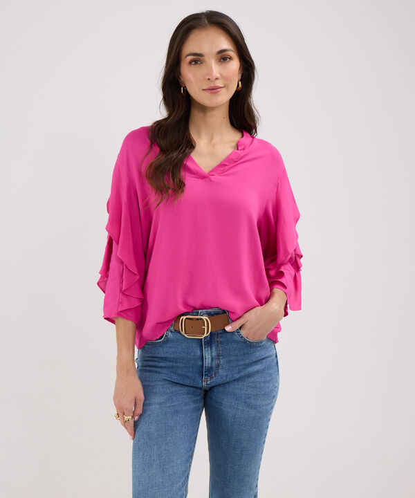 Blusa Unicolor Cuello Tipo Neru, Manga 3/4 Con Boleros