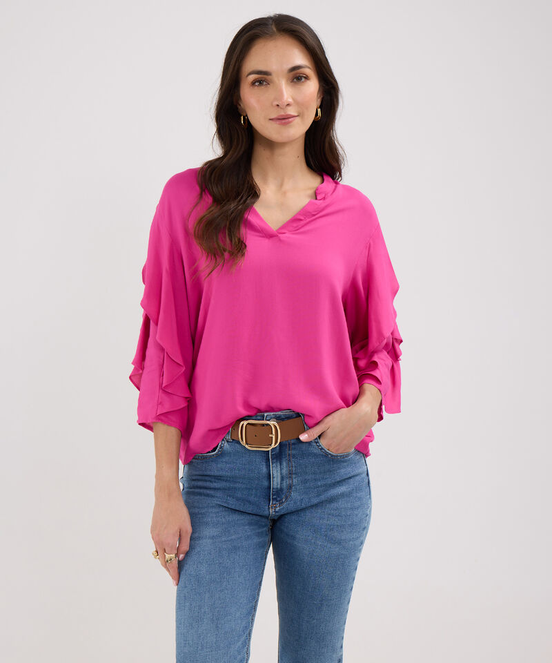 Blusa Unicolor Cuello Tipo Neru, Manga 3/4 Con Boleros