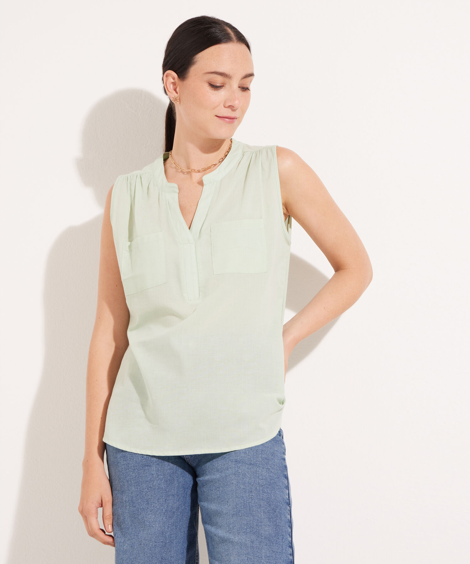 Blusa Unicolor Manga Sisa, Con Bolsillo