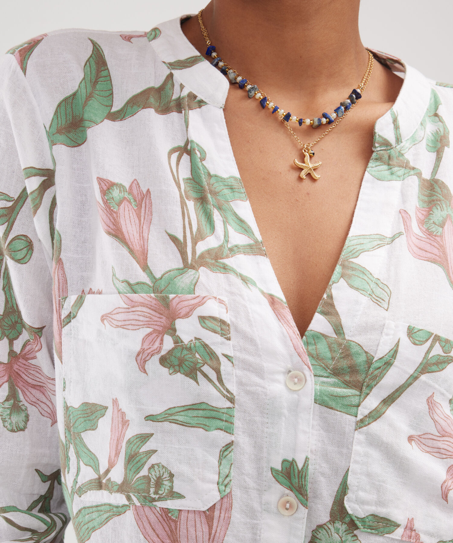 Blusa Manga Larga Estampada En Lino