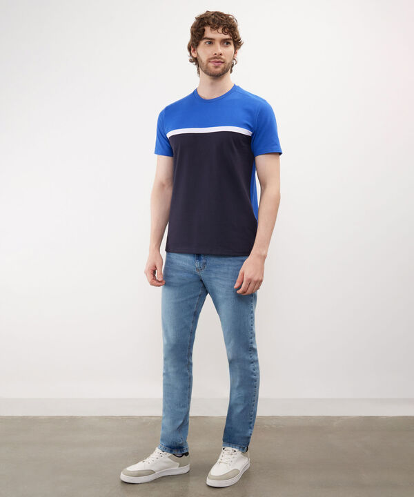 Camiseta Unicolor, Manga Corta, Cuello Redonco Con Cortes, Preppy Naval Linea Moda