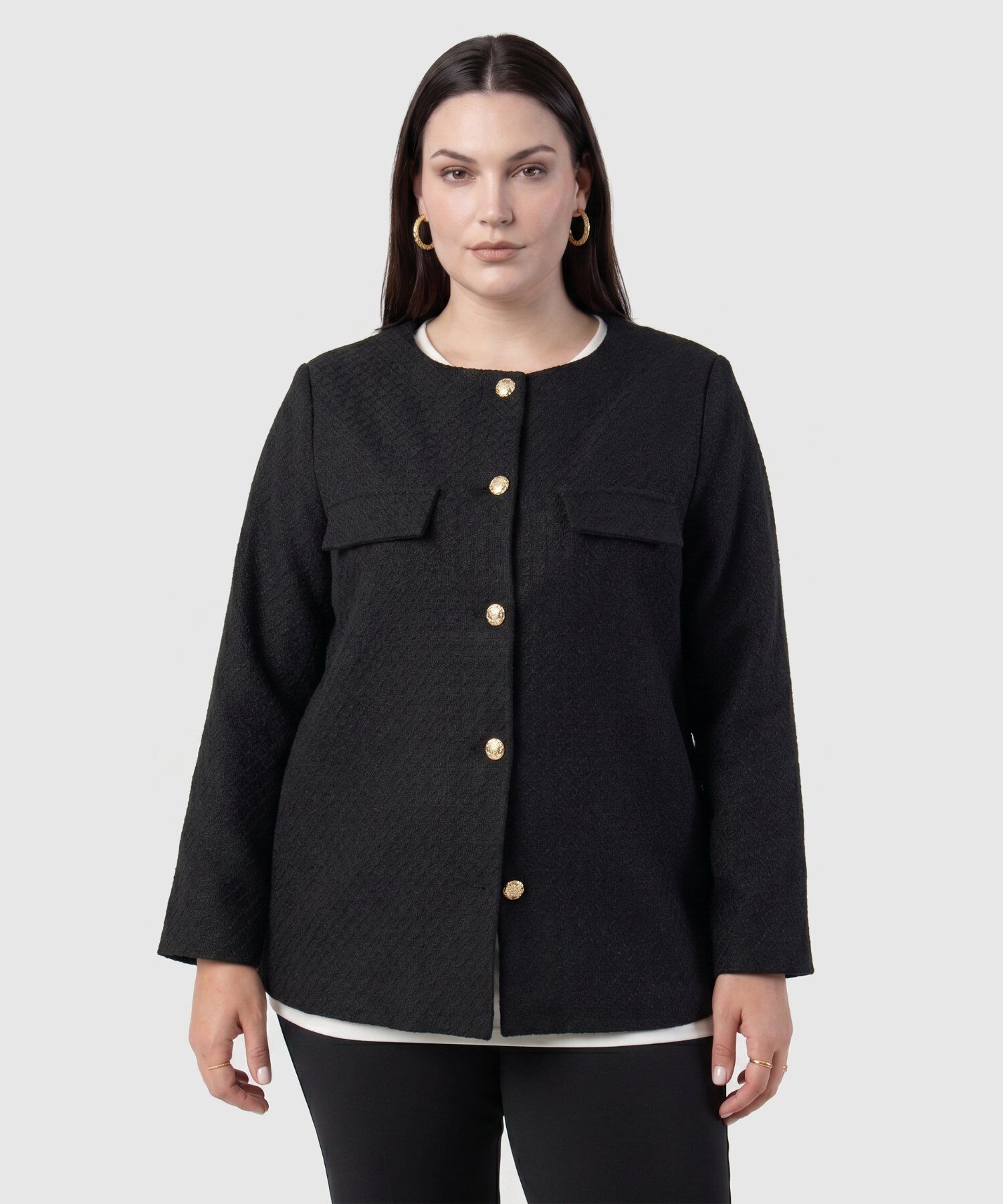 Chaqueta Unicolor Con Botones Para Mujer Curvy
